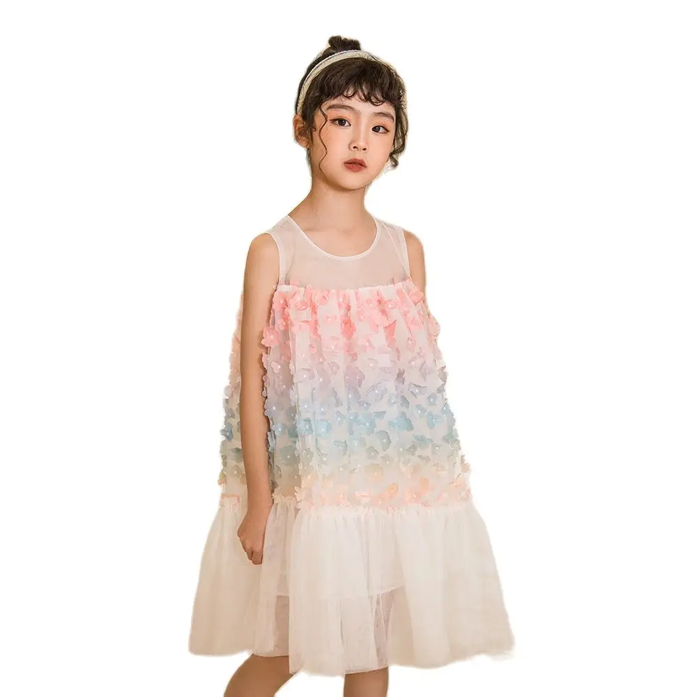 

Teenage Girls Priness Mesh Vest Dresses 2022 Summer Korean Kids Clothes Children Flower Leaves Chiffon Teen Sundress 9 12 13 14Y