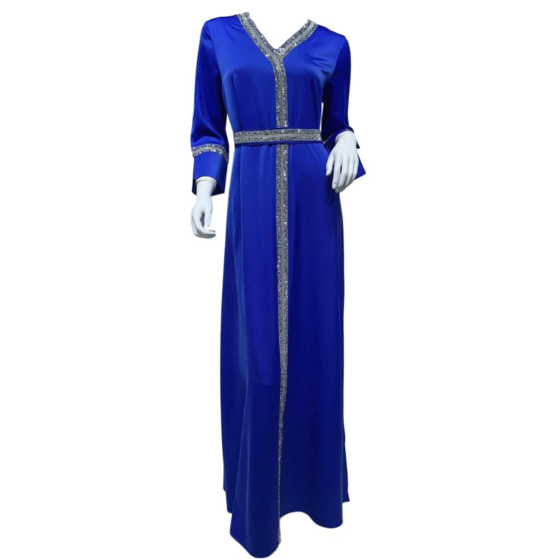 Women Muslim Satin Maxi Dress for rhinestone Belted Turkey Arabic V-Neck Kaftan