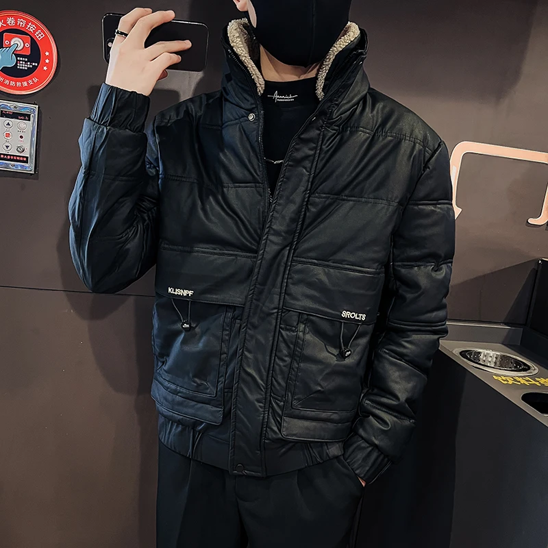 2022 Winter Lambhair Short Parkas Jackets Men Thicken Warm Casual Slim Zipper Coats Streetwear Hiphop Social Puffer Men Clothing