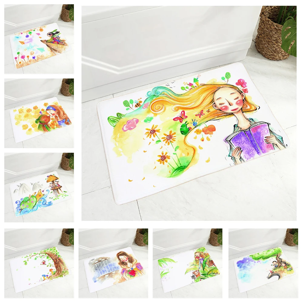 

Watercolor Fairy Tale World Carpet Non-Slip Decor Cute Cartoon Girl Doormat Super Soft Flannel Floor Door Mat for Children Room