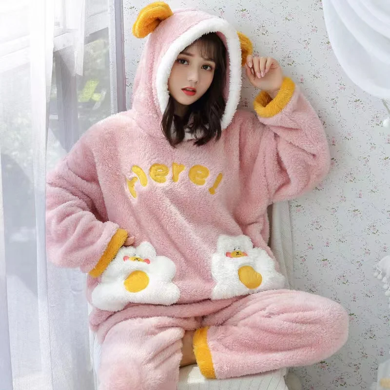 Pajamas Set Winter Sleepwear Thick Warm Flannel 2 Pieces/Sets Hooded Sweet Cute Long Sleeve Female Homewear Pyjamas Suits