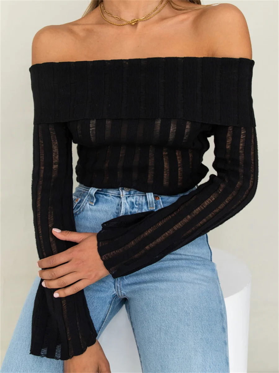 

Wsevypo шикарная черная полосатая вязаная футболка с открытыми плечами для женщин на осень и весну, Повседневный пуловер с длинным рукавом и воротником-лодочкой, топ для улицы и офиса