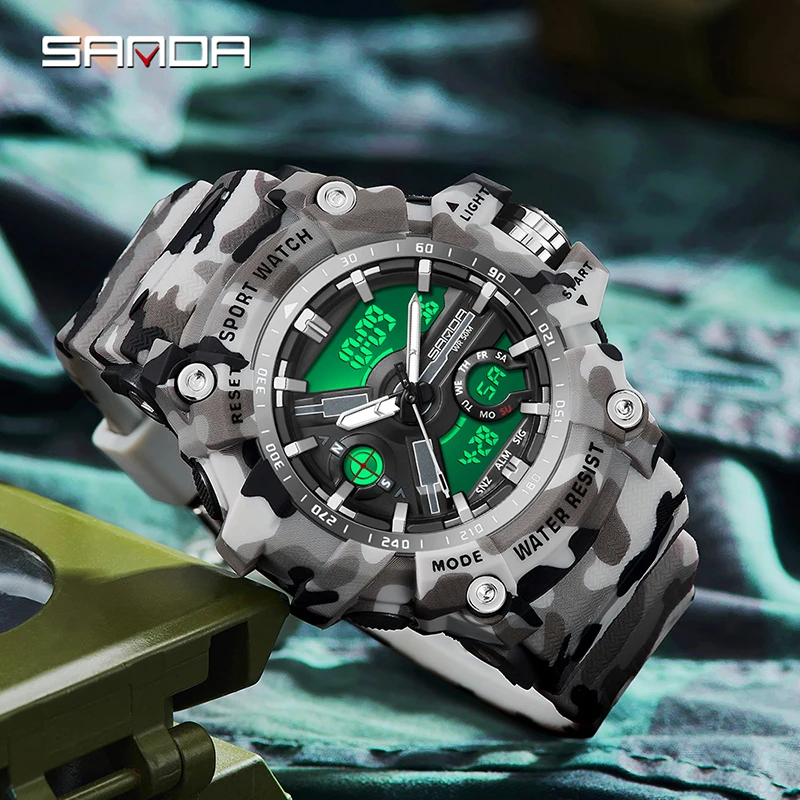 Фото Мужские часы Sanda 3355, бренд G Style, военные, кварцевые, водонепроницаемые, с двойным дисплеем, электронные, цифровые, многофункциональные, спортивные. №3