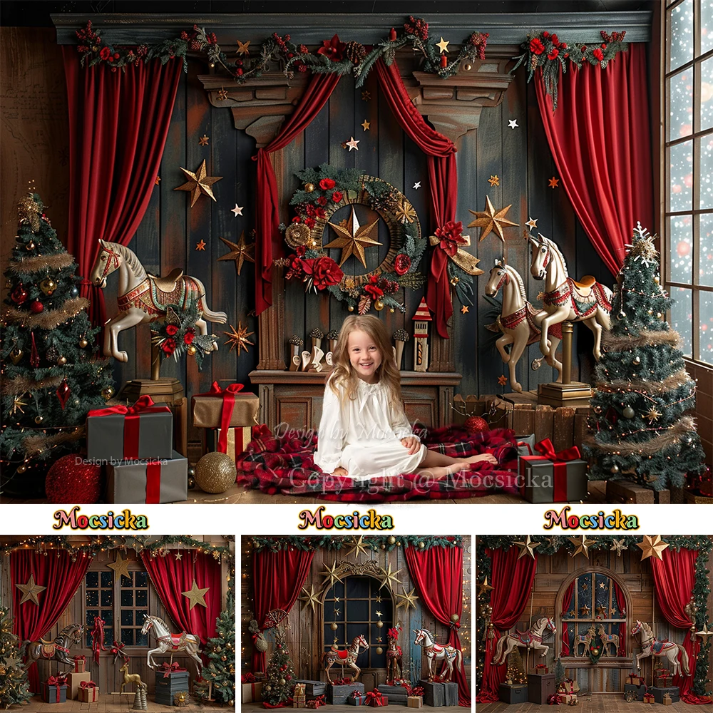 Фантазийный фон для фотосъемки в помещении красные занавески деревянная лошадь