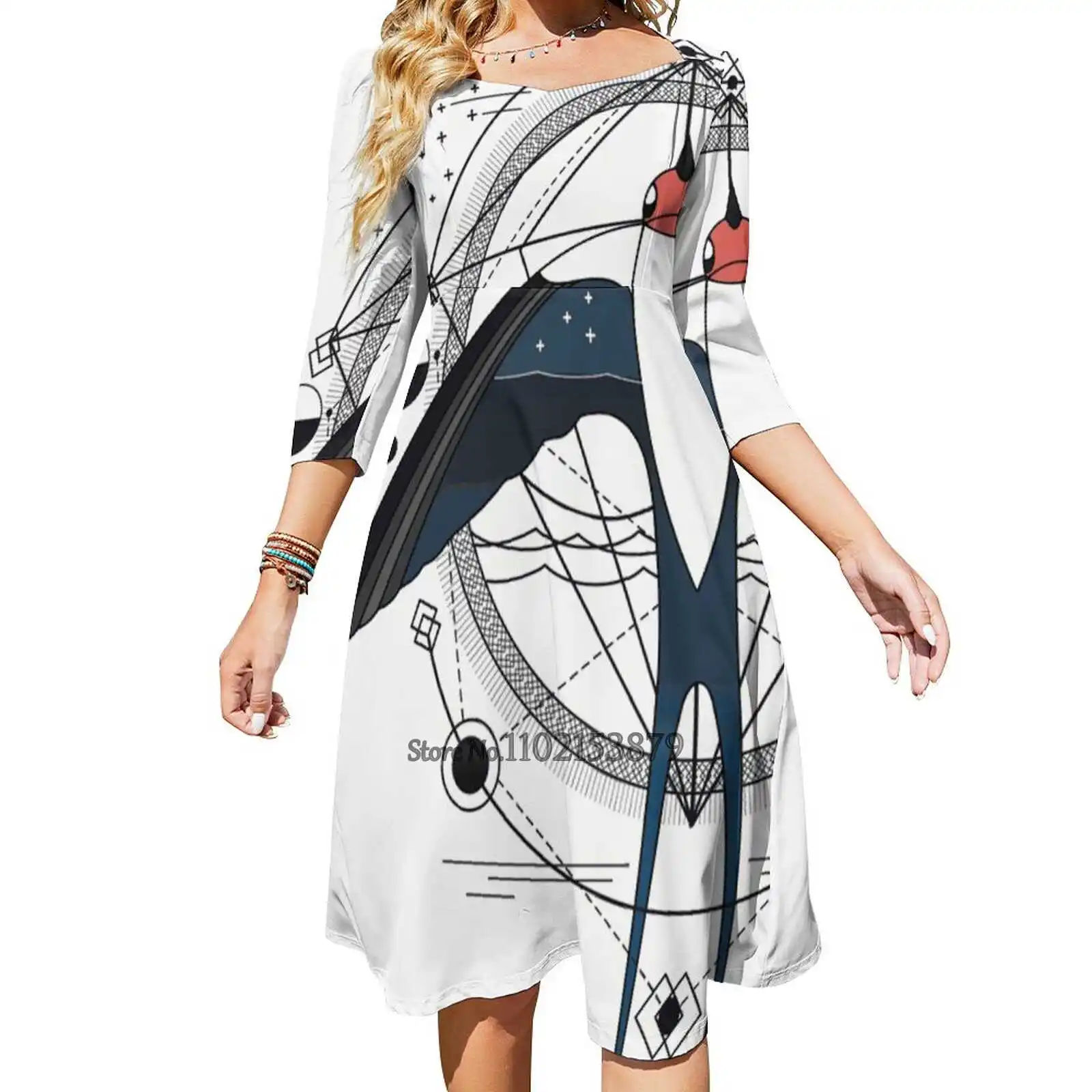 

Geometric Swallow Boho Art Back Lacing Backless Dress Square Neck Dress Sweetheart Knot Flared Dress Swallow Bird Geometric