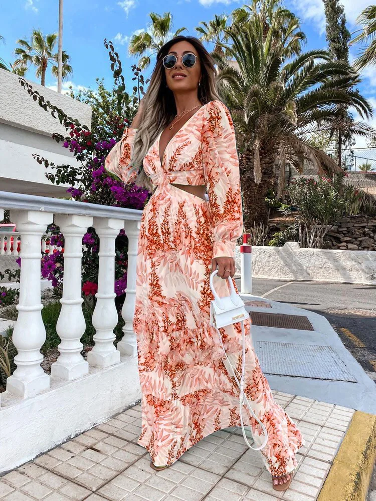 Women Beach Cover Up 2022 Summer Sexy V-Neck Backless Hollow Out Lantern Sleeve Maxi Dress Female Club Party Long Dresses