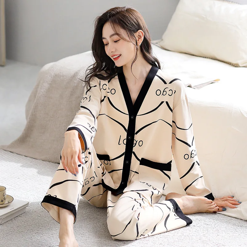 

Пижама женская из чистого хлопка, тонкий кардиган премиум-класса с длинным рукавом, комплект большого размера для дома, на весну и осень