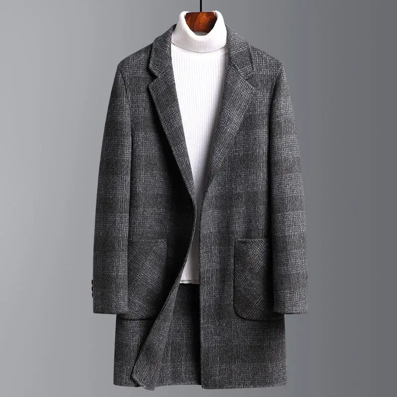 

2022 Autumn Winter Men's Fashion Long Sleeve Wool Blend Coats Male Mid-length Slim Fit Jackets Men Plaid Woolen Overcoat M08