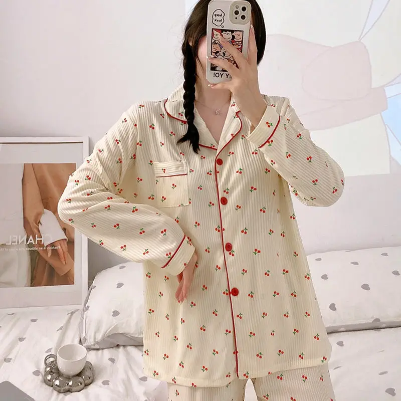 Yasuk Spring Autumn Fashion Women's Casual Soft Milk Silk Sleepwear Homewear Pajamas Set With Pants Dot Print Cherry Cute Girl
