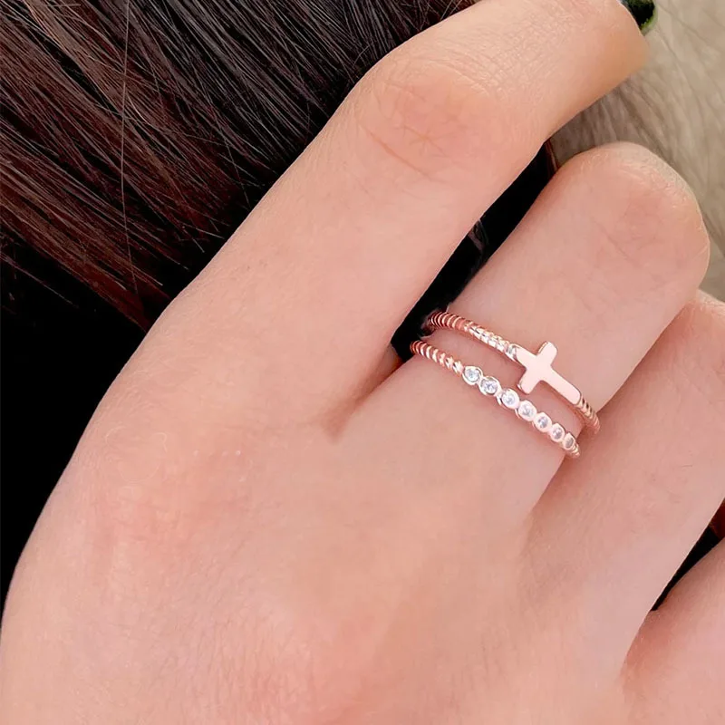 

Hollow Double Cross Micro Diamond Rose Gold Open Ring New Fashion Personality Trend Niche Design Adjustable Live Couple Ring