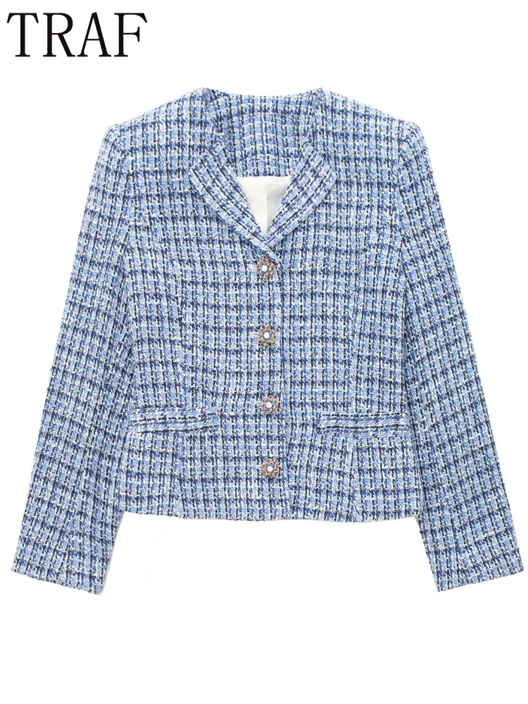 

TRAF 2022 Blue Plaid Blazer Set Woman Rhinestone Button Jackets Women Casual Long Sleeve Spring Jacket Textured Female Suit