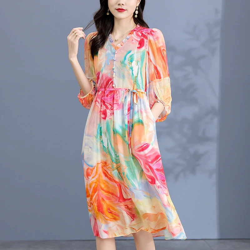 

Женское длинное платье средней длины, элегантное платье-трапеция из 2023 натурального шелка с V-образным вырезом и рукавом три четверти, Лето-Осень 100%