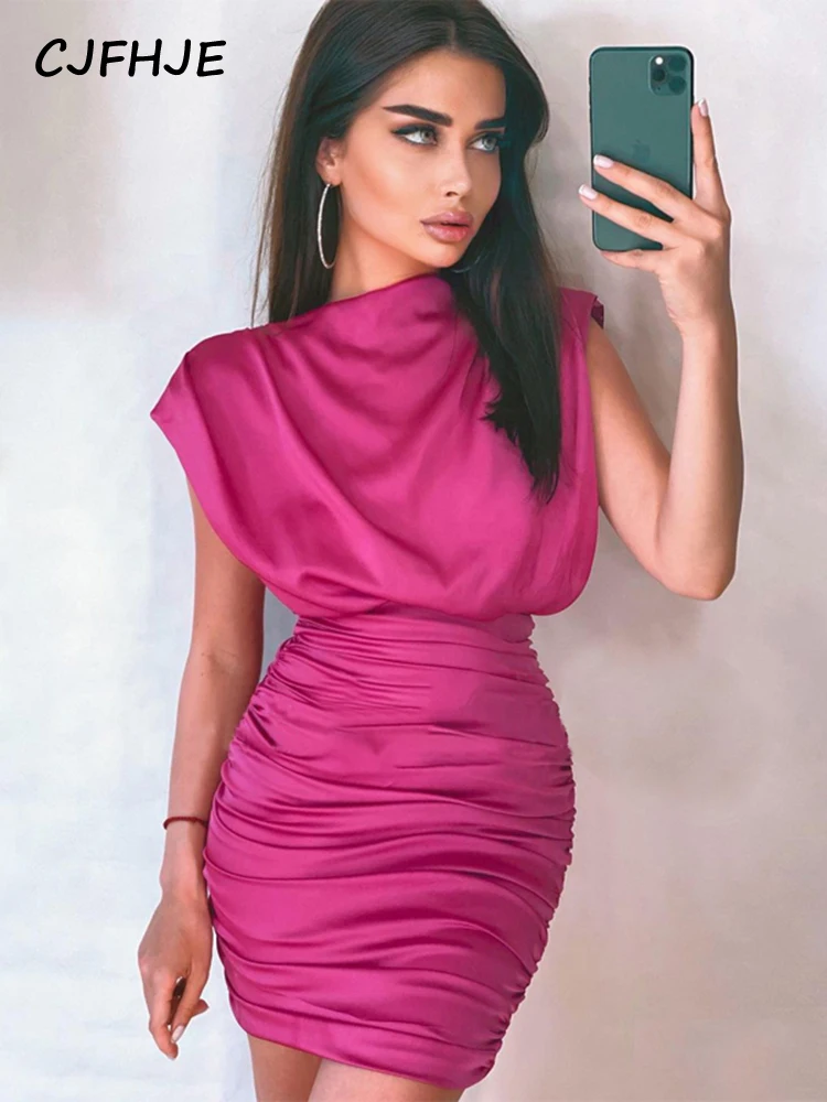 

CJFHJE 2022 Sleevesless Solid Satin Zip Up Patchwork Mini Dress Autumn Winter Women Fashion Elegant Sexy Partywear Outfits
