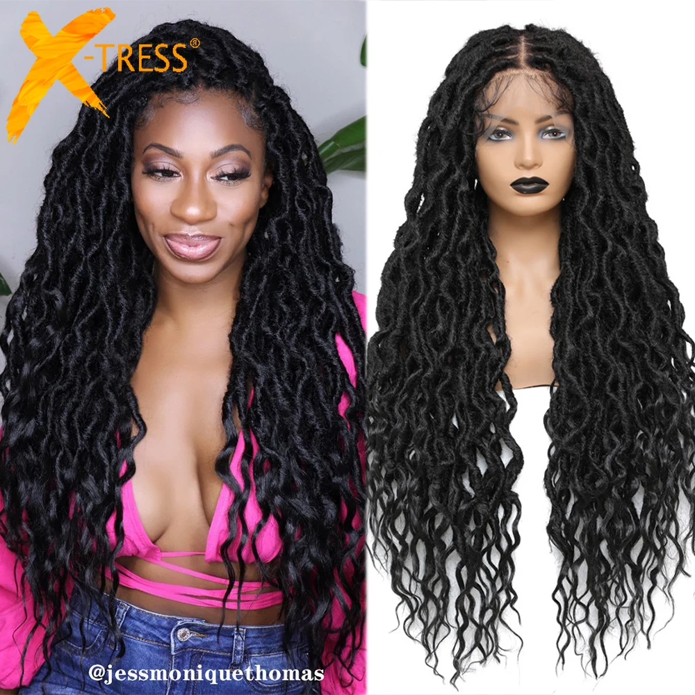 X-TRESS 32" Long Goddess Faux Locs Synthetic Braided Wigs For  Women Free Shipping 13X4 Lace Front Hair Wig With Soft Baby Hair