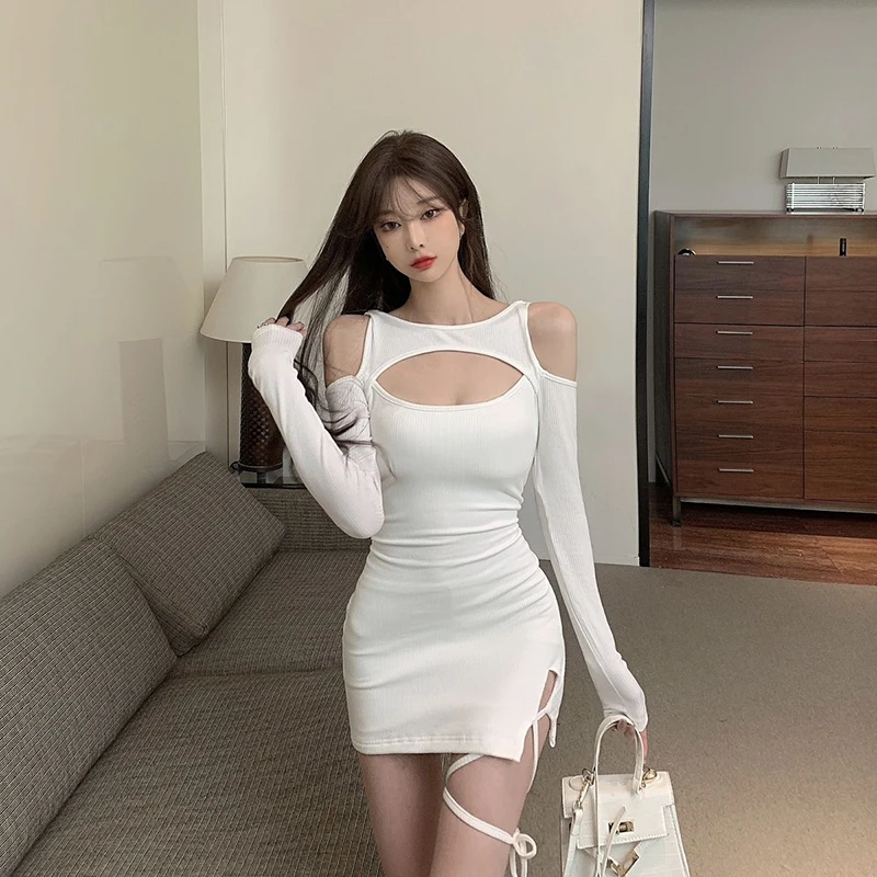 

Long Sleeved O-Neck Hollow Out Skinny A-line Side Split Lace Up Mini Sexy Off Shoulder Korean Women Summer White Beach Dress