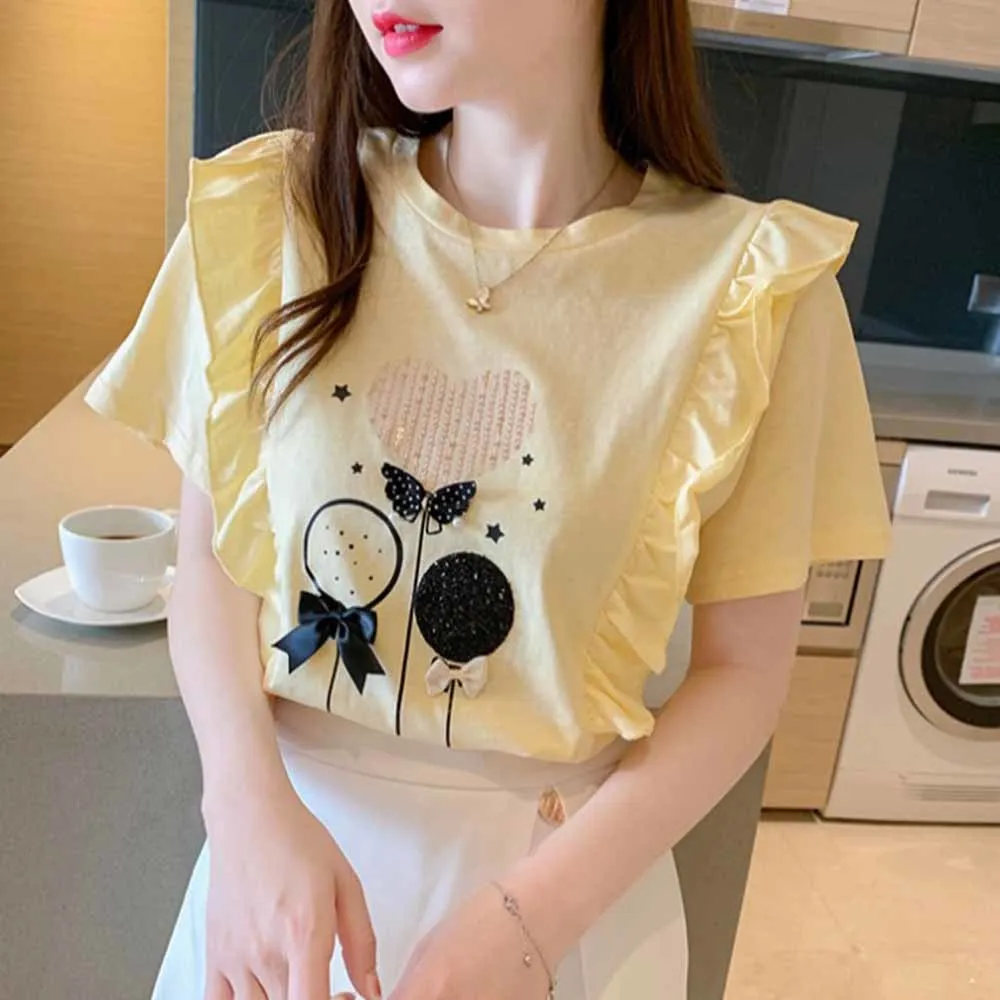 

100% Cotton ruffles Women White T-Shirt Summer 2022 Fashion Short Sleeve Round Neck Tee Korean Style Loose Casual Tops