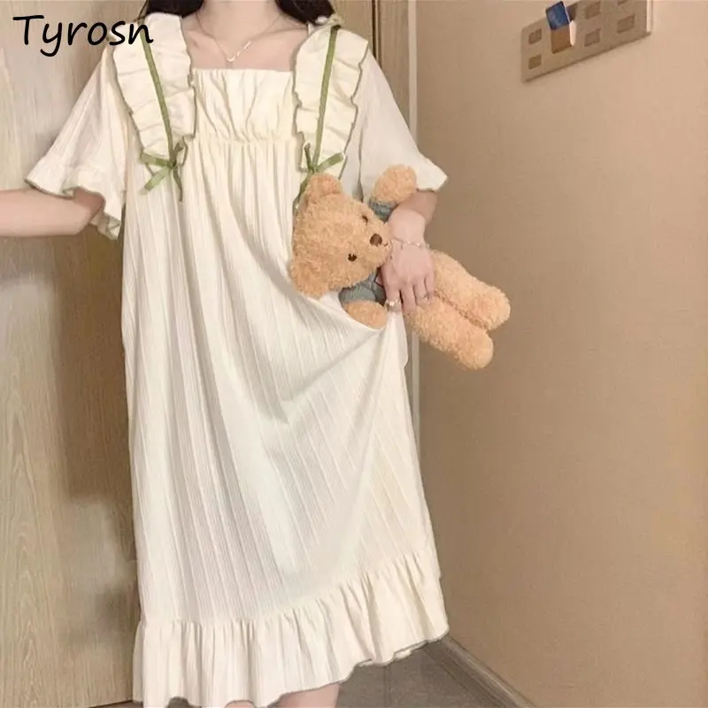 

Nightgowns Women Summer Square Collar Design Ruffles Daily Loose Leisure Simple Tender Princess Students Sleep Wear Temper Cozy