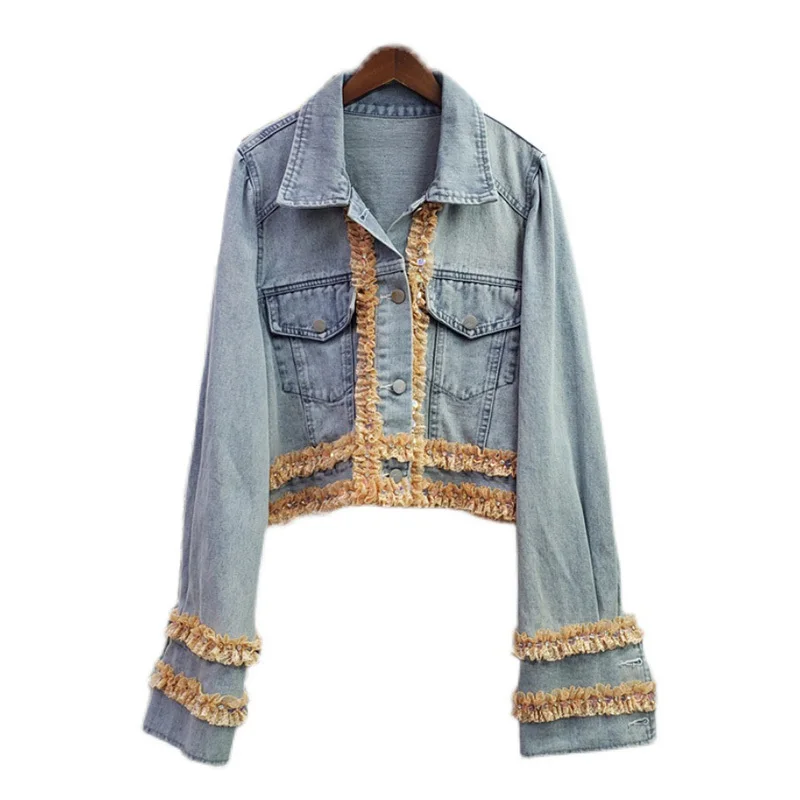 

SeeBeautiful Denim Jacket Coat Lace Stitching Turn-down Long Sleeve Single Breasted Women Autumn 2022 New Fashion Tide Q464