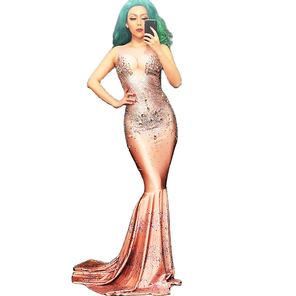 

Shining Rhinestones Sleeveless Floor-Length Fishtail Dress Long Trailing Dresses Women Party Evening Costume Dance Stage Wear