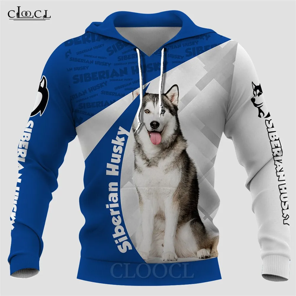 

CLOOCL Animals Hoodies 3D Graphic Siberian Husky Blue and White Splicing Sweatshirts Pullovers Harajuku Streetwear