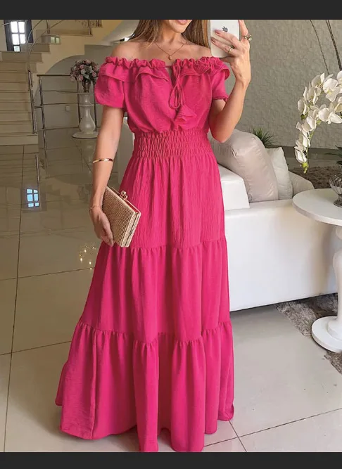 

Новинка весны 2023, женская мода, Европейское и американское темпераментное, повседневное элегантное, сексуальное длинное платье с коротким рукавом