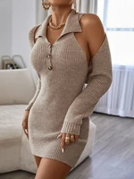noosgop khaki turn down collar stretchy knit pullover mini sweater dress cape 2 piece set women autumn winter slim clothing