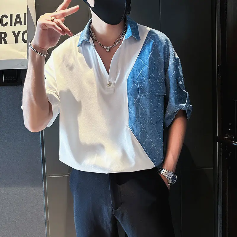 Рубашка мужская джинсовая с карманами модная повседневная одежда лацканами