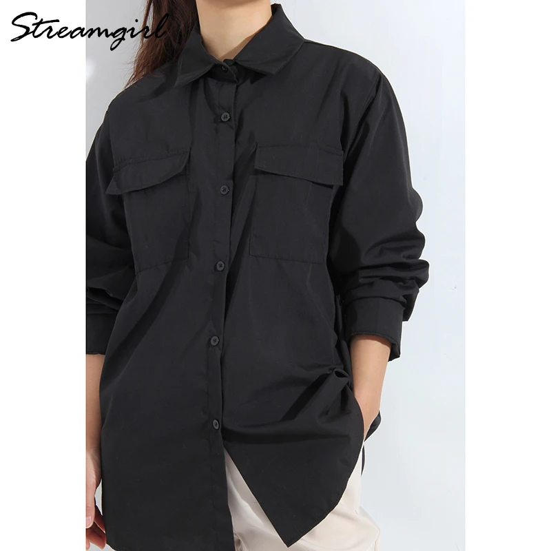 Женская свободная рубашка с карманами белая хлопковая блузка в стиле оверсайз