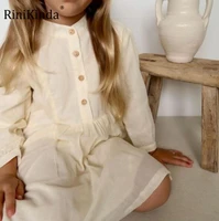 rinikinda autumn spring childrens clothes organic cotton loose buttons baby girls dress long sleeve beige kids shirt dresses