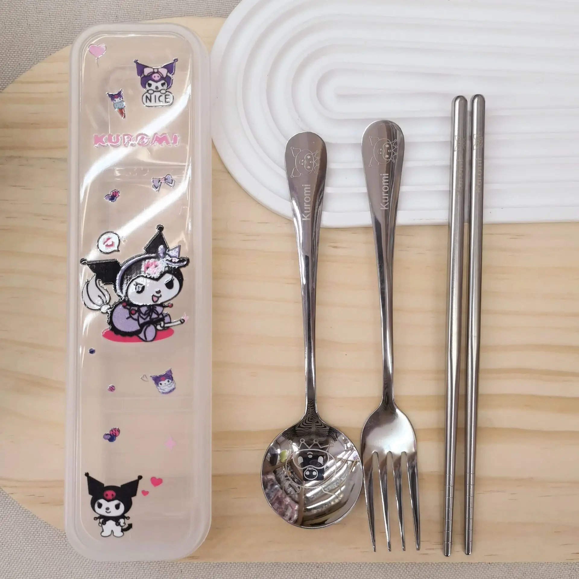 Sanrio kuromi Children's Knife Fork and Spoon Set - Cartoony Portable Utensils for School Cafeteria or Restaurant Use