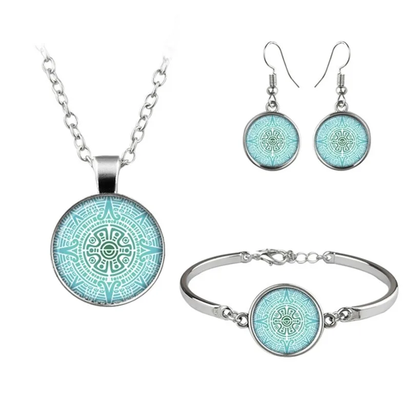 

LE Hinduism Buddhism Mandala OM Jewelry Set Cabochon Glass Pendant Necklace Earring Bracelet 4 Pcs Women's Unique Gifts