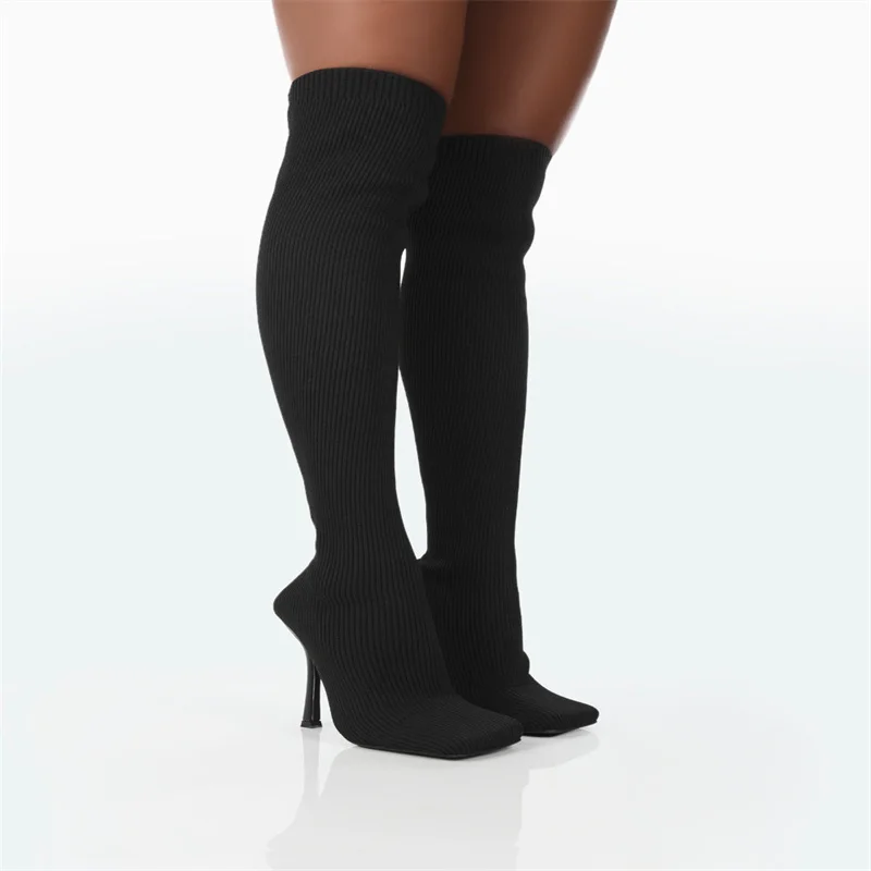 

Women's Thigh Over Knee Boots Sexy Warm Knitted Stretch Cloth High Heels 2023 Winter New Slim Fit Square Toe Pull-On Sexy Boots