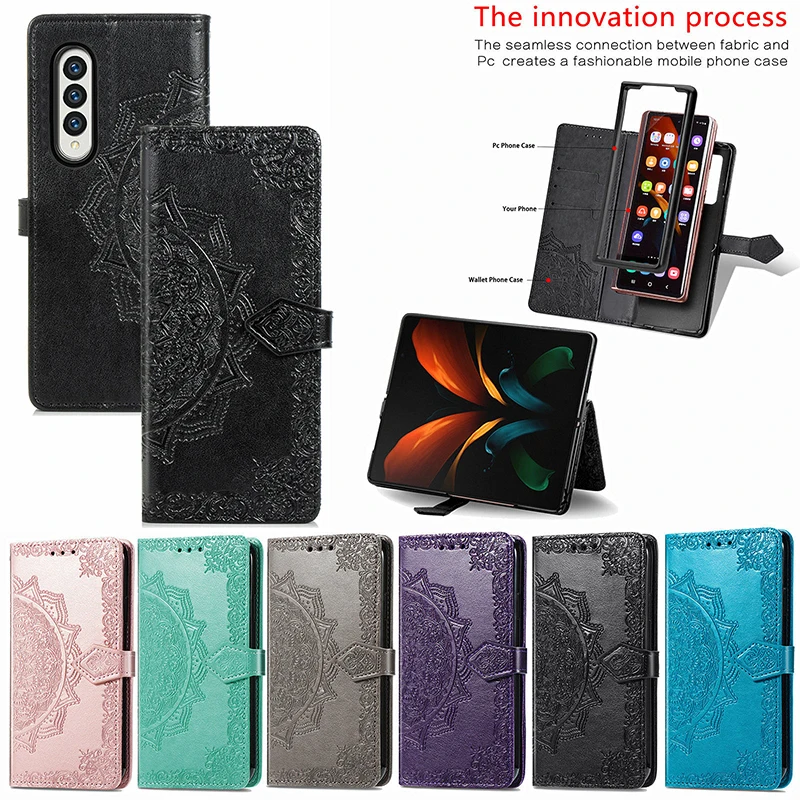 

For Samsung Galaxy Z Flod 4 Wallet Case Leather Stand Card Slots Case, Embossed Mandala Floral Protective Cover Fold3 Fold4 Etui