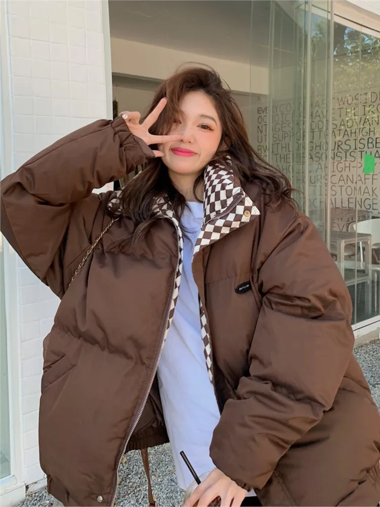 2022 Winter New Plaid Padded Jacket Women's Loose Thick Warm Casual Coat Female Korean Bread Clothes Outwear