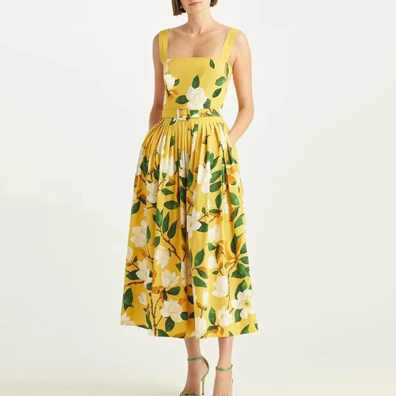 

Yellow Flower Print Women Dress Fashion A-Line Draped Sling Dresses