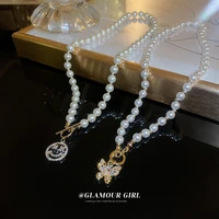 butterfly smile pearl necklace rhinestone shiny fashion imitation pendant clasp necklace for women girl jewelry accessories gift