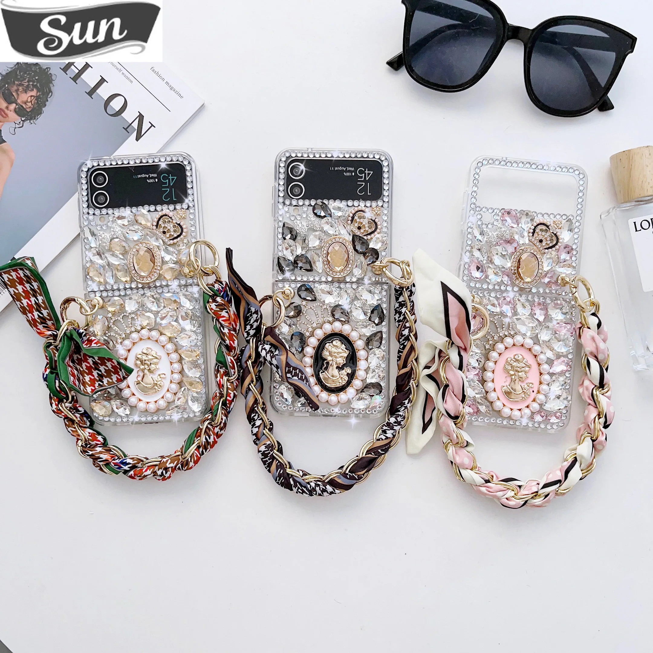 

DIY Luxury Crystal Pearl Portrait Phone Case For Samsung Galaxy Z Flip 5 4 3 Diamond Crown PC Cover With Chain Of Silk Scarves