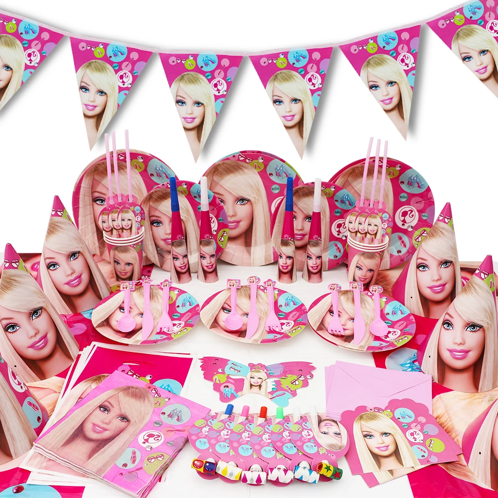 

Cartoon Barbie Doll Birthday Party Cups Plates Tablecloth Bag Flags Baby Shower Paper Disposable Tableware Supplies For Kids