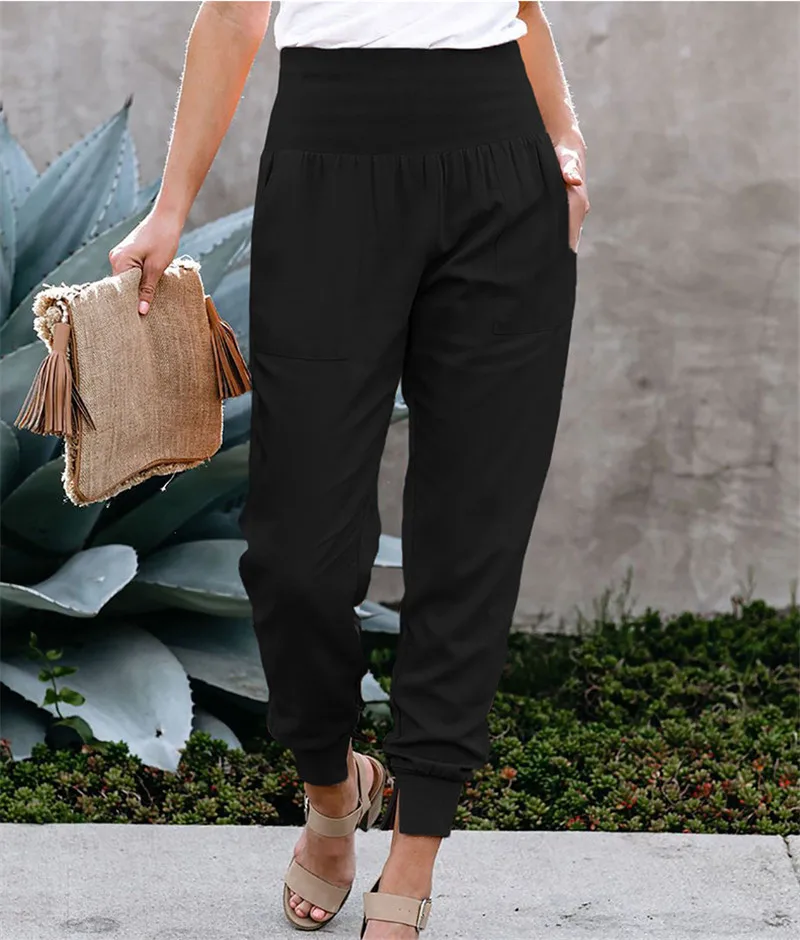 2023 Summer Linen Women's Long Pants Black Pockets High Waist Loose Casual Pants Female New Elegant Fashion Ladies Bottom