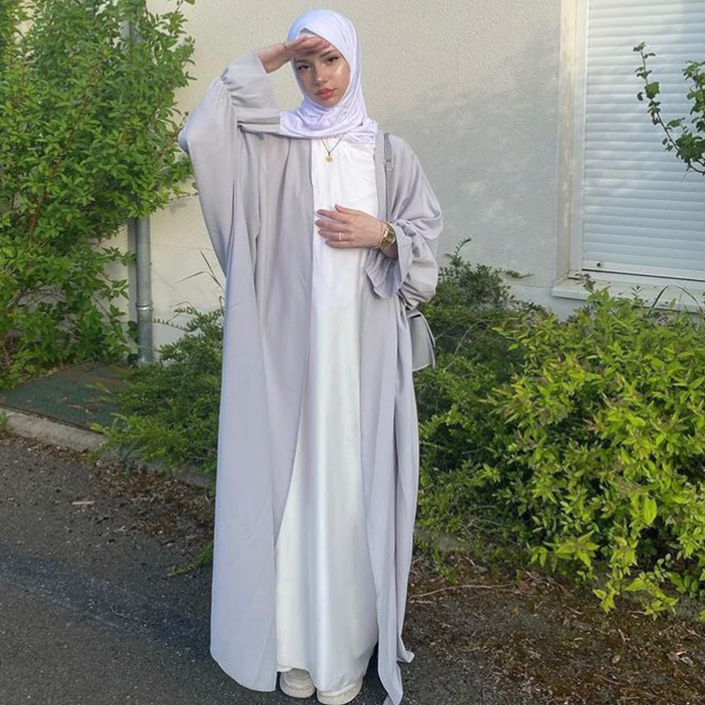 Ramadan Eid Fashion Puff Sleeve Muslim Abayas Robe Musulmane Abaya Elegant Satin Dress Hijab Islamic Worship Service Clothing