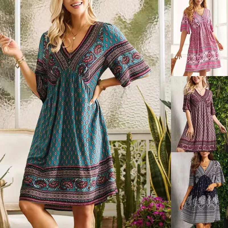 

Fashionable Ethnic Style Women's 2023 Summer New Casual Pullover Sexy V-Neck Panel A-Line Dress Plus Size Short Sleeve Dress