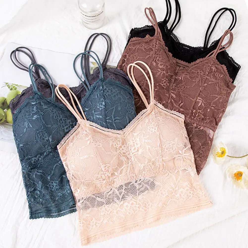 

Nylon Lace Bra Soft Lace Tube Top with Flower Embroidery Padded Breathable Elastic Bra for Women Feminine Charm Lace Bra
