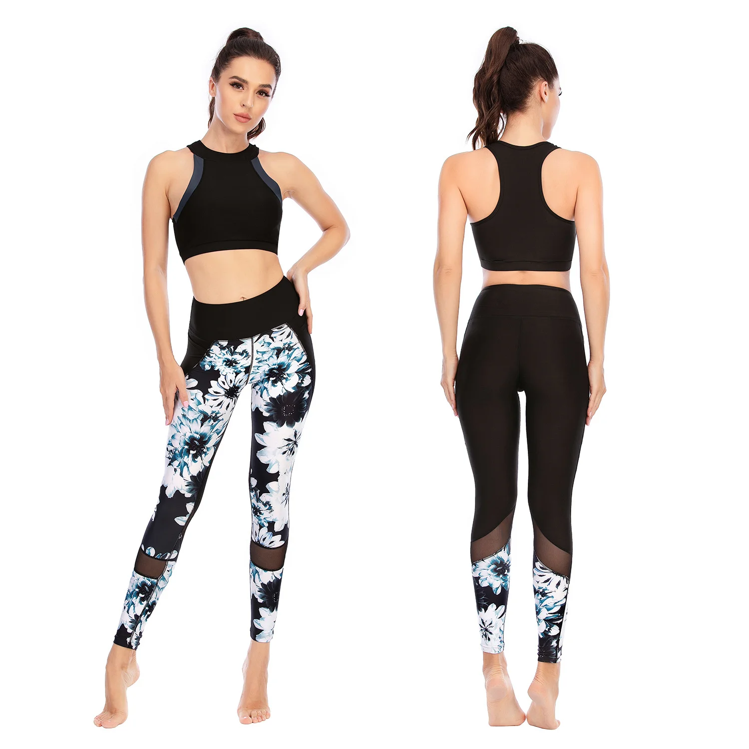 

Fitness Suit Printed Yoga Suit Tight Pants Pocket Sports Bra Aushili 15021 + 15022