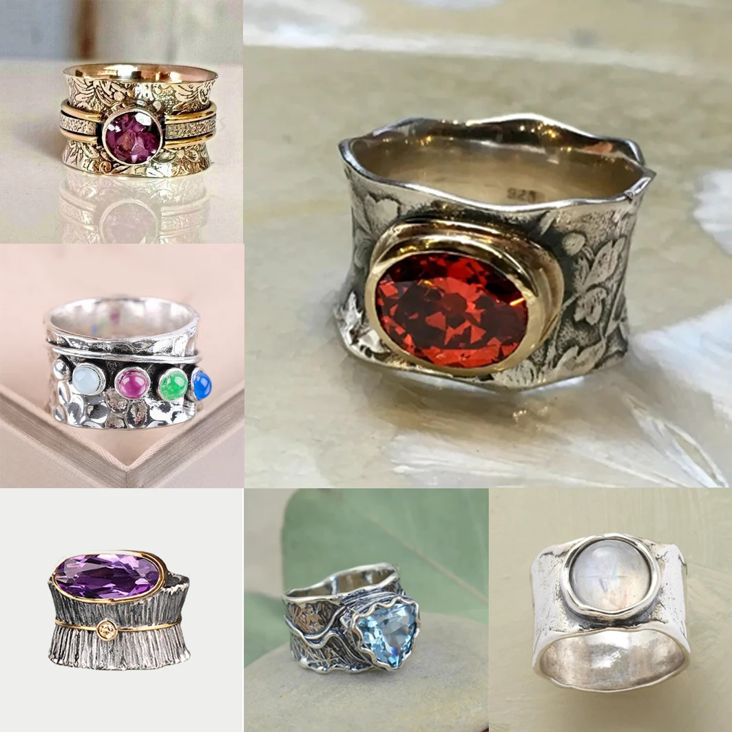 

2023 New Vintage Ethnic Style Red Crystal Rings for Women Antique Silver Color Twig Texture Creative Party Jewelry Accessories