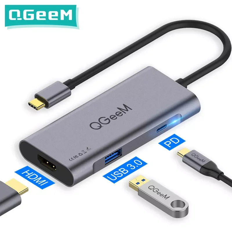 

USB-концентратор QGeeM для Macbook Pro, 3 порта USB Type-C, 3,0 PD HDMI для Huawei Matebook iPad Pro, USB-адаптер, разветвитель, док-станция OTG