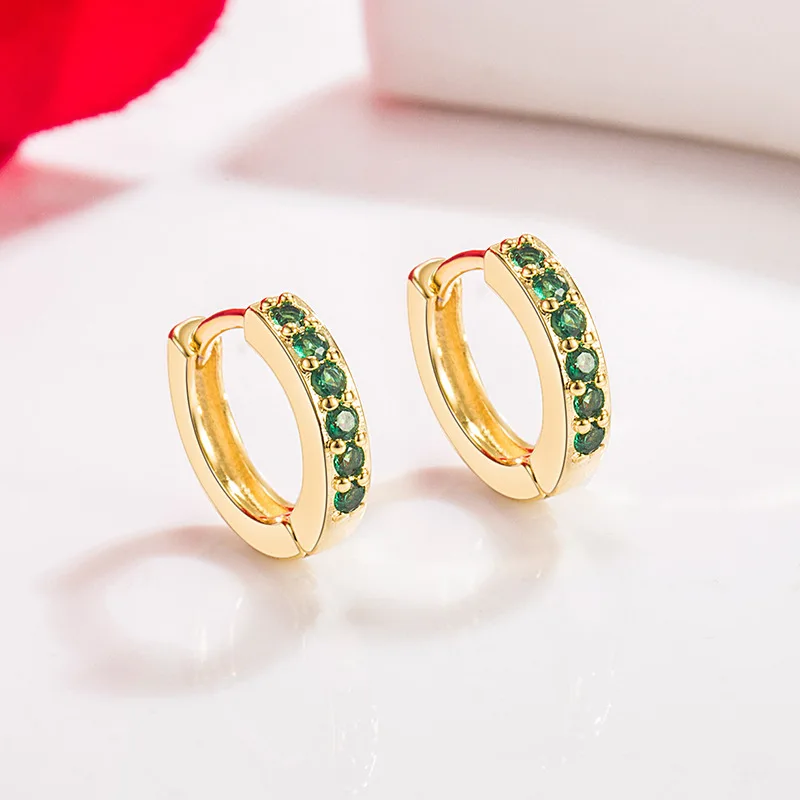 14K Gold emerald Jewelry Stud Earrings for Females Single Row Full Drill Buckle Aros Mujer Oreja Real 14 K Yellow Gold Orecchini