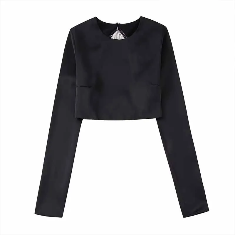 

Женская Осенняя Новая Модная шелковая атласная черная блузка 2023, винтажные укороченные женские рубашки с длинным рукавом, блузы, шикарные топы