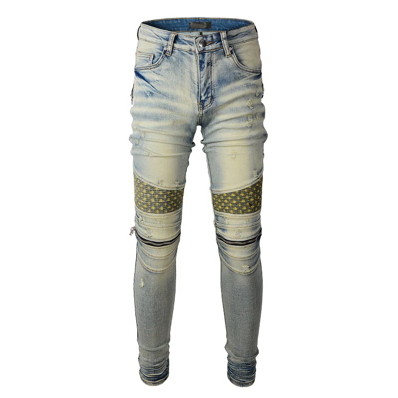 

Men's Street Fashion Slim Fit Spliced Ribs Patches Bikers Distressed Zippers Pockets Skinny Light Blue Faded Denim Jeans