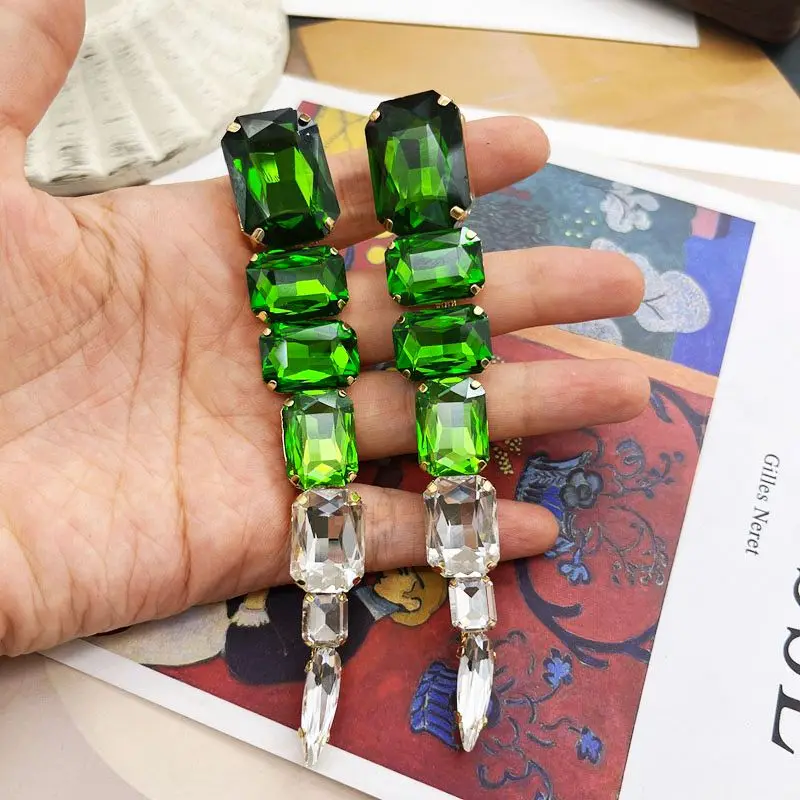 

Long Pendant Earrings Stud Party Green Glass Stones Geometric Accessories