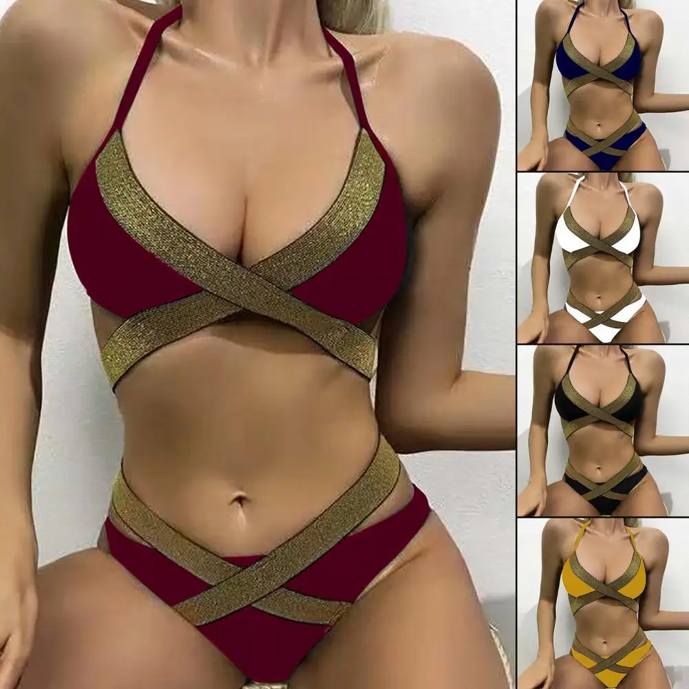

1 Set Bikini Set Wire Free Women Swimwear Lace-up Design Bathing Suit
